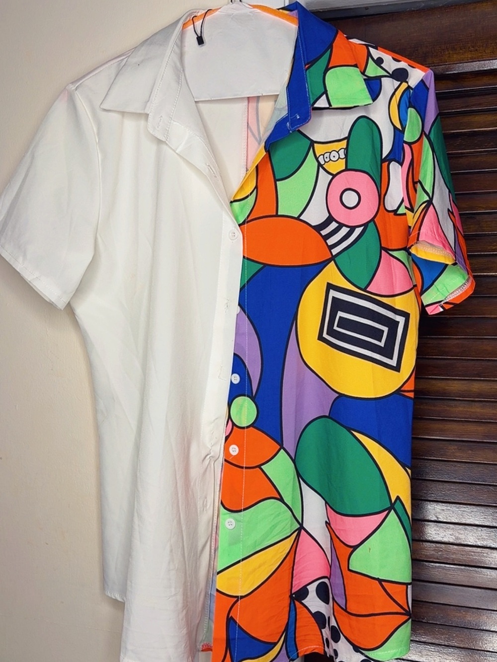 SHEIN White & Multicolor Geometric Half-Panel Short Sleeve Shirt